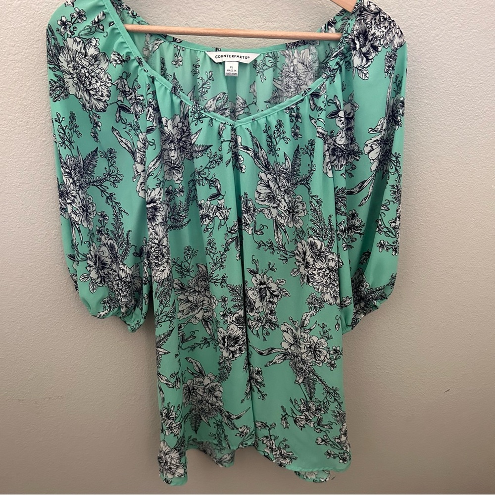 Counterparts Boho Peasant Floral Blouse Womens XL Mint Green 3/4 Sleeve‎ V-Neck